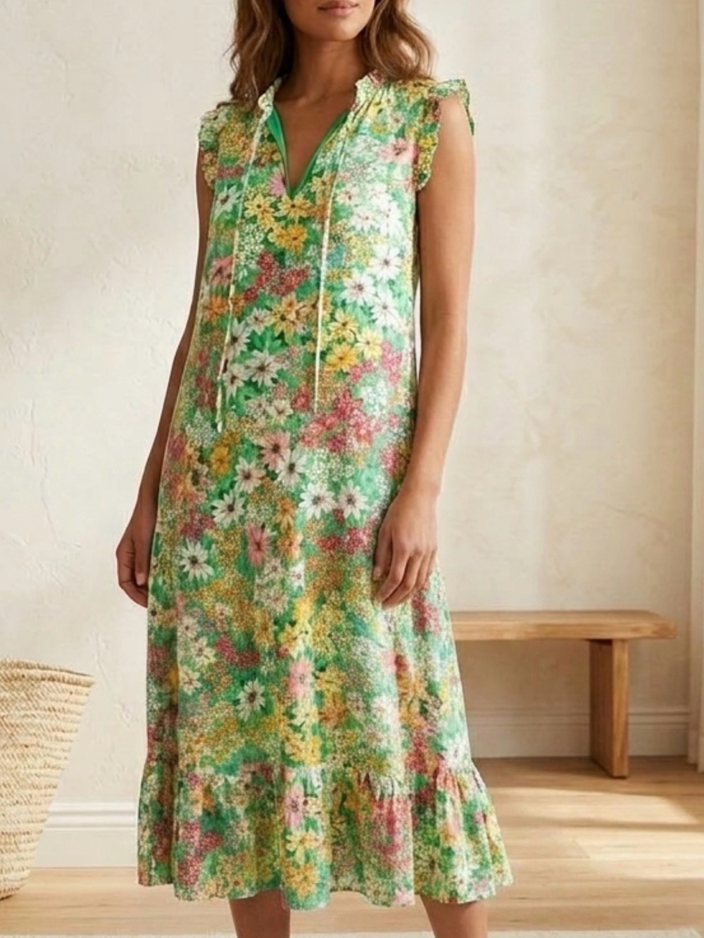 Green Floral Sleeveless Midi Dress - Picture 2 of 7